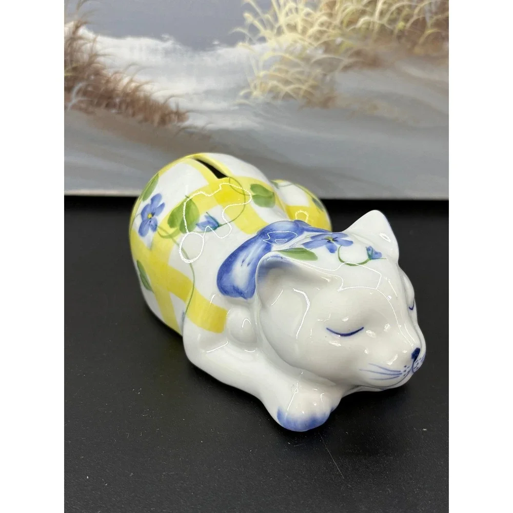 Vintage Ceramic Sleeping Cat Piggy Bank Blue Floral Yellow Gingham Figurine